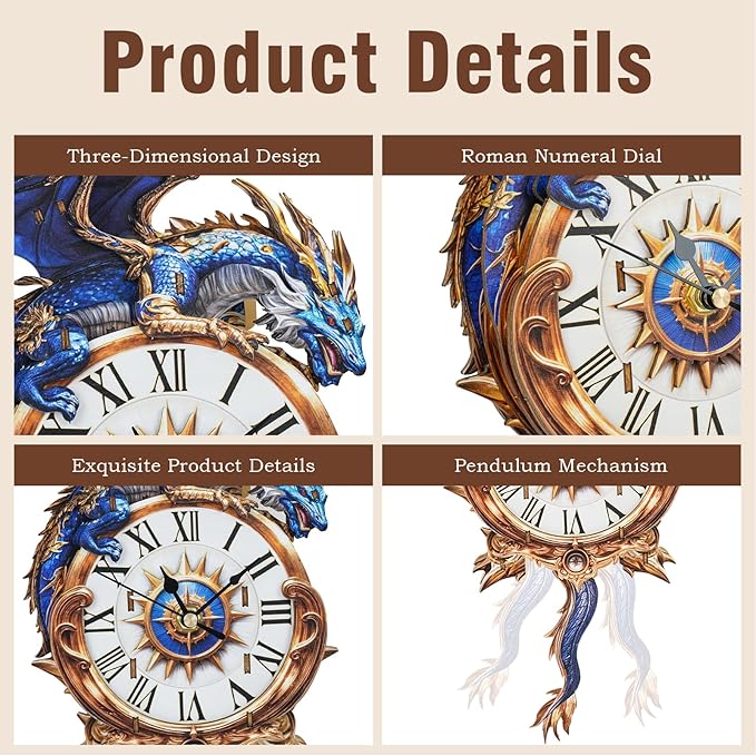 3D Puzzles for Adults Clock-Blue Dragon Design Model Kit-Mechanical DIY Pendulum Clock with Roman Numerals-Desk Home Office Decor Personalized Gift for DIY Lovers
