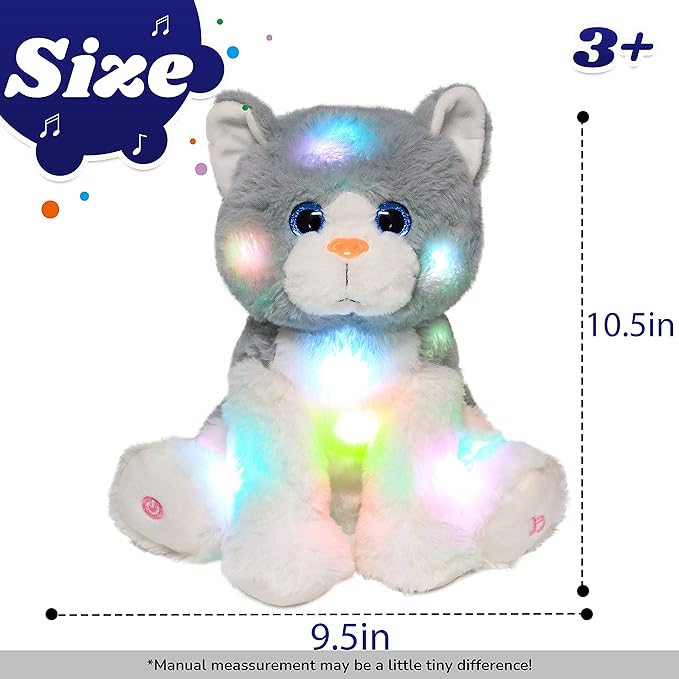 Cuteoy Kitty LED Musical Stuffed Animal Light-up Singing Plush Cat Adjustable Volume Lullaby Plushies Birthday Christmas Toy Gifts for Kids Toddler Girls, 10.5"