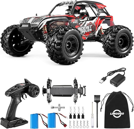 1:10 Large Brush RC Car for Adults, Fast Remote Control Car, 28+ MPH Rc Hobby Truck with Headlights, All Terrain 2.4 Ghz Electric Hobby Rc Cars, 4WD Off Road Monster Truck - White Red