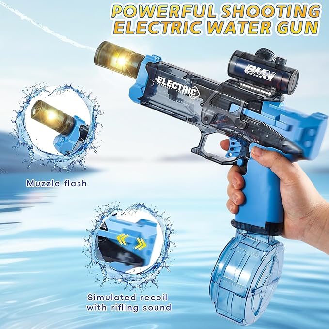 Electric Water Gun with Muzzle Flash & Recoil Effect,500CC High Capacity Automatic Squirt Guns,Up to 32 FT Range for Swimming Pool Party Beach,Outdoor Activity for Adults & Kids(Blue)