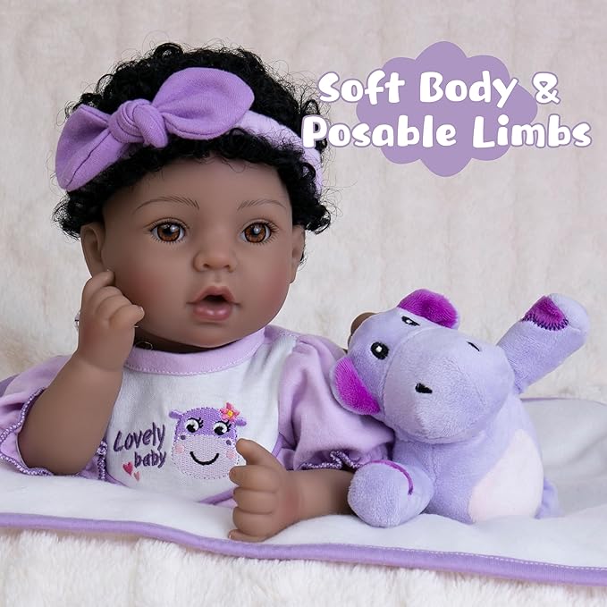 Reborn Baby Doll, 18-Inch Lifelike Baby Dolls American African Baby Girl Soft Cloth Body Newborn Baby Dolls with Clothes and Toy Accessories Birthday Gift for Kids Age 3+