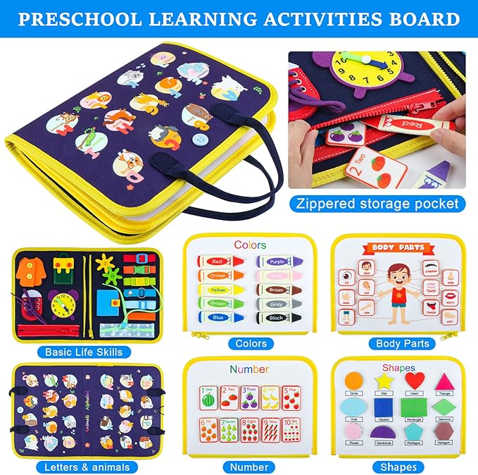 Busy Board Montessori Toys for 1 2 3 4 Year Old Boy & Girl Birthday Gifts, Busy Book for Toddlers 1-3, Sensory Educational Travel Toys, Preschool Activities for Learning Fine Motor Skills