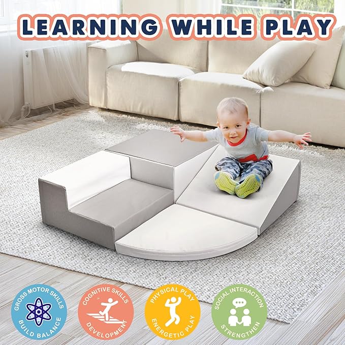 4-Piece Set Climbing Toys for Toddlers 1-3, 40''x40''x10'' Non-Toxic Toddler Climbing Toys Indoor, Indoor Baby Climb Toy Children’s Composite Toy for Crawling Climbing and Sliding, Gray & White