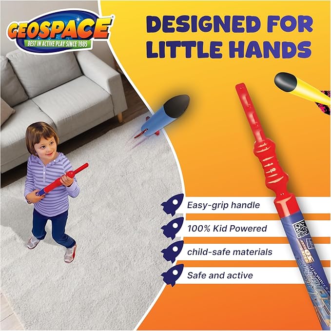 Geospace Hand Held Pump Rocket Mini Size (Single Pump) – Flying Foam Rockets Outdoor Toys for Kids, Boys & Girls – 19" Rocket Set – Hand Stomper Rockets Toy - Cool Toys for Fun