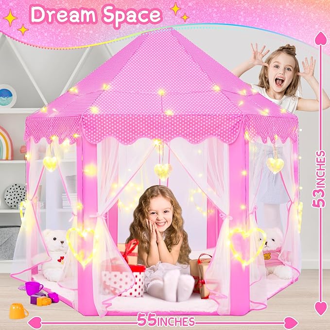 EVOIONOS Princess Tent for Girls with Large Love Lights, Pink Play Tent for Toddlers, Castle Playhouse 55 x 53 inch