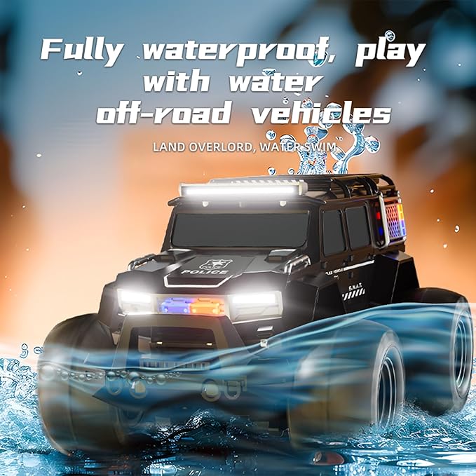 Threeking 1:14 Waterproof Remote Control Car RC Police Cars Trucks SUV Toys Amphipious Truck Toy with Siren Lights for 6 7 8 9 10 11 12 Year Old Kids Boys Girls Indoor Outdoor Toys Gifts Presents