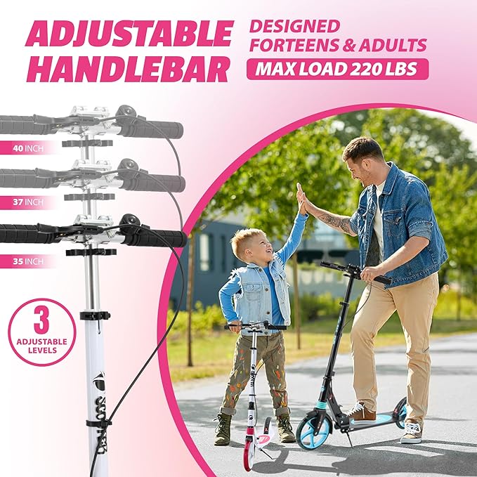 Scooter for Kids Ages 8+ Teens & Adults, Lightweight Kick Scooter with Carry Strap Adjustable Height Equipped with Front handbrake and Rear Brake, Big Sturdy PU Flash Wheels Great Gift & Toy