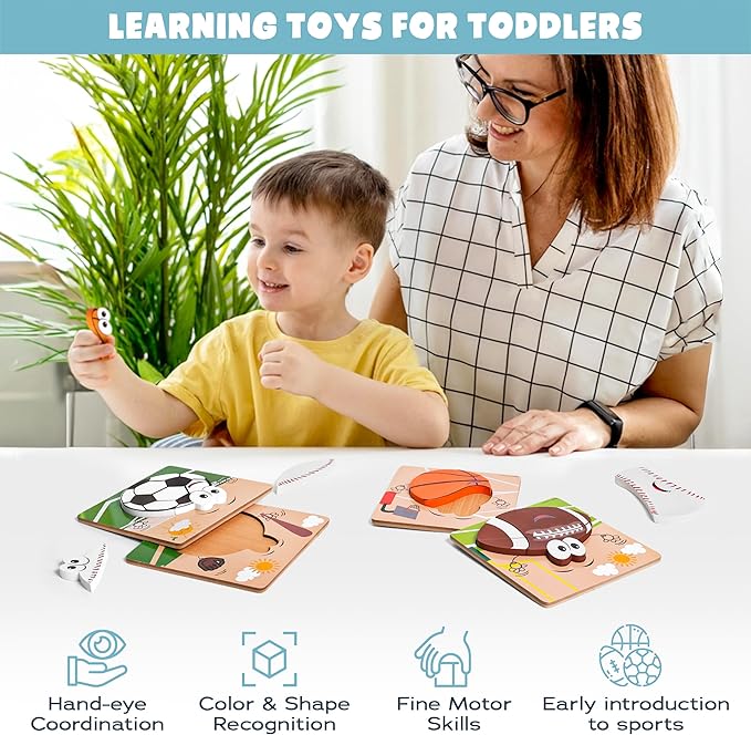Wooden Puzzles for Toddlers 2-4 | Sports Puzzles | Wood Puzzles for Kids, Toddler Sports Toys for Toddlers, Basketball Toy, Football Toys, Baseball Toy, Soccer Toddler Puzzle 2 3 Year Old Boy
