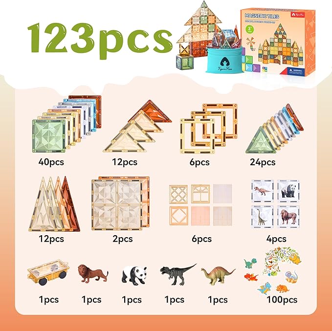 VigorFun 123-Piece Magnetic Tiles Building Set for Kids Ages 3-8 – Creative Play STEM Toys with Car & Animal Models, Stickers | Educational Construction Sensory Gift for Toddlers, Boys & Girls