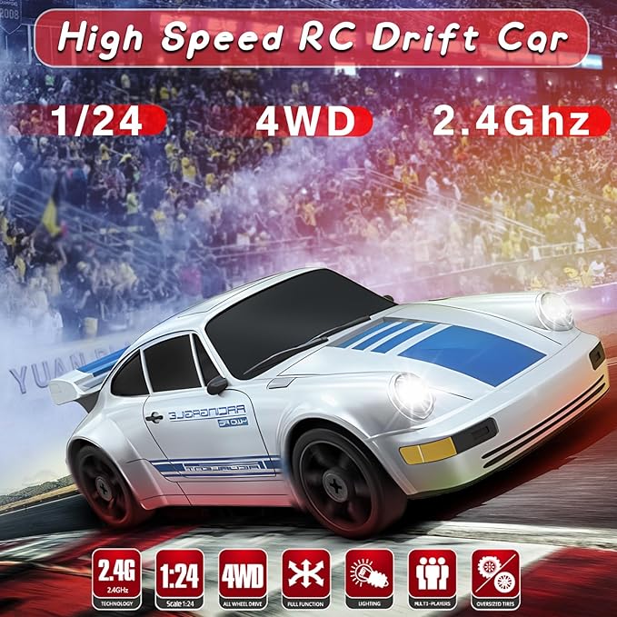Remote Control RC Car for Boys - 1/24 2.4GHz 4WD Racing Drift Car With Lights, Rechargeable Battery, and Drift Tires - Silver Hobby Toy for Kids, Xmas Gift
