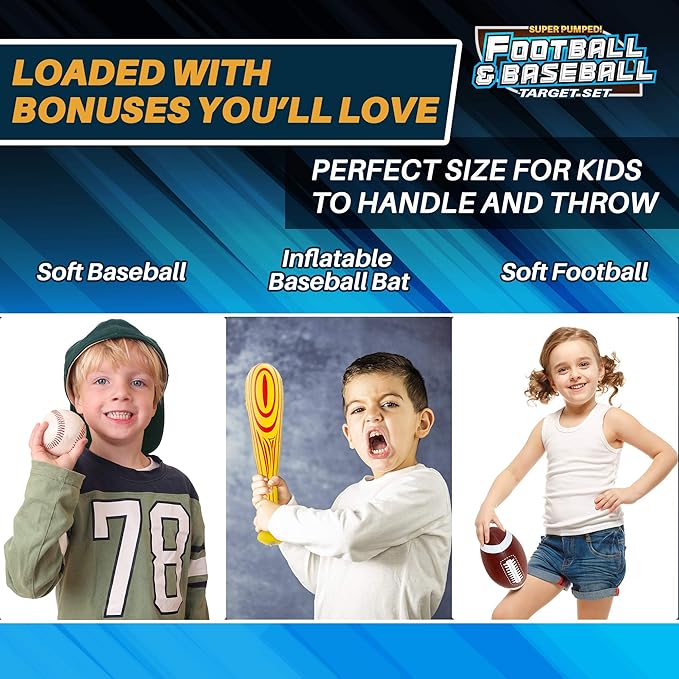 Inflatable Double-Sided Baseball & Football Target Set - Blow Up Toy with Soft Football, Baseball & Inflatable Bat - Fun Toss Games for Indoor, Outdoor, Backyard & Party Favor - 5 Feet