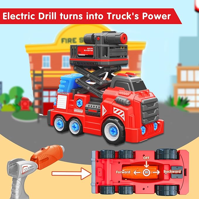 11inches Large Take Apart Toys Fire Truck for Boys Girls Kids 3-5 6-8 Year Old Fire Rescue Vehicles with Electric Drill Set Assembly Toy Learning Educational Toys