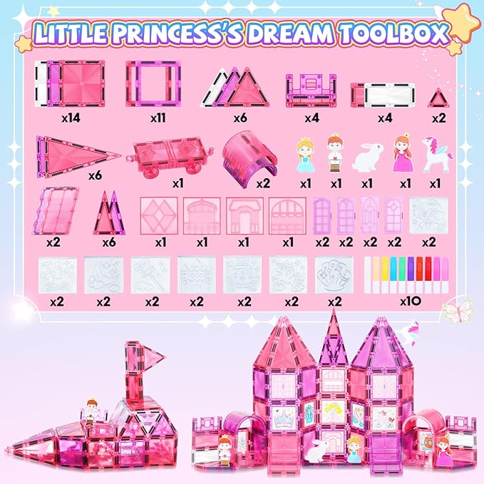 Magnetic Tiles, 101PCS Magnetic Blocks with Cars, Princess Magnet Building Tiles Construction Sets, Castle Magnet Blocks STEM Toys for Girls Kids Toddlers Ages 3 4 5 6 7 8 9+ Year Old