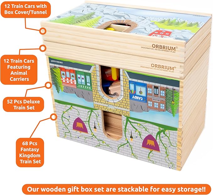 12 Wooden Train Cars Set with Wooden Storage Box with Box Cover Tunnel for 3,4,5,6,7 Years Old Compatible with Thomas & Friends Push-Along, Brio, IKEA, Imaginarium, Melissa and Doug