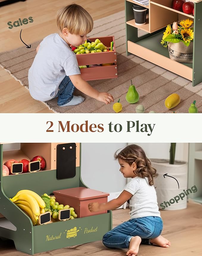 ROBOTIME Wooden Grocery Store Playset, Kids Play Store, Starlight Market Kitchen Playset Stand- Realistic Pretend Play Set with Lights, Chalkboard, Gift for Boys Girls 3+