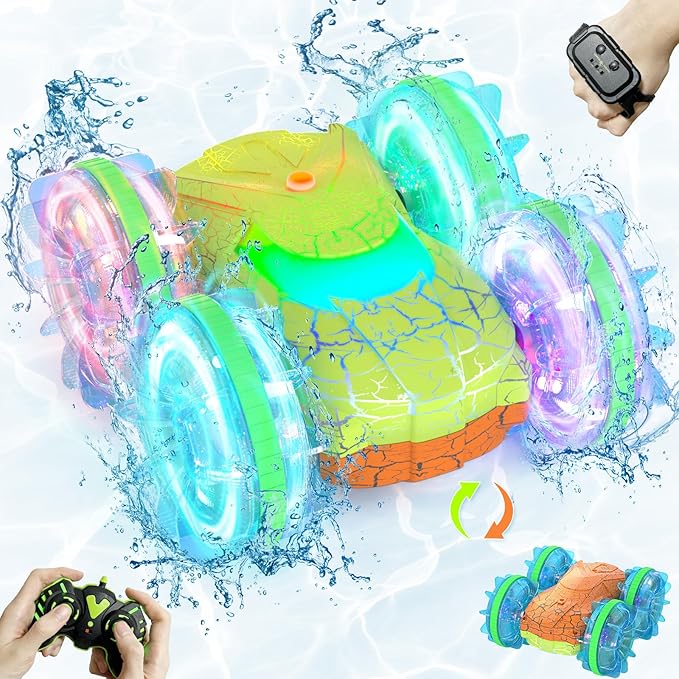 Amphibious RC Car Boat for Boys 5-7, 2.4GHz Remote Control Car with LED Lights, 4WD All Terrain Off-Road Stunt RC Boat, Gesture Sensing Waterproof Pool Beach Toy, for Kids 8-13