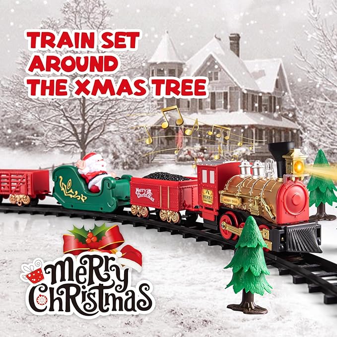 Train Toy for Toddler, Christmas Train Set Around Tree with Light & Sound for Kids, Battery Operated Electric Locomotive Engine, Cake Toppers Stocking Stuffers Gift for Toddlers Boys & Girls Ages 3-5