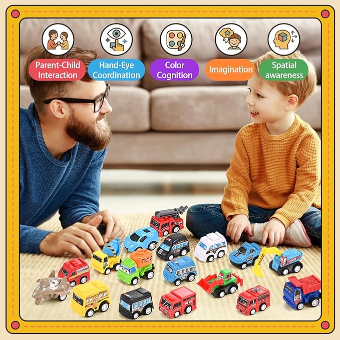 GOLDGE 30-Piece Pull-Back & Friction-Powered City Cars & Trucks Toy Vehicle Set for Toddlers, Boys & Girls – Educational Play, Stocking & Easter Basket Stuffers (30 City Cars and Trucks)