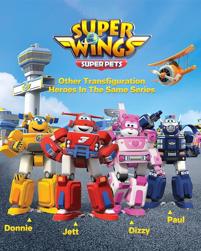 Super Wings Jett 7" Tall Superwings Jett Robot Suit and 2” Scale Transforming Jett Mini Figure , Transforming Robot & Transforming Fire Truck Toy Vehicle Playset, Gifts for Boys Girls Kids Child