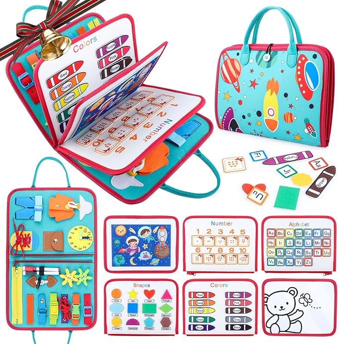 Busy Board for Toddlers 2-4, Montessori Travel Toy for Plane/Car, Educational Sensory Toy for Toddlers 1-3, Preschool Activities Board for Developing Fine Motor Skills, Gift for Boys Girls