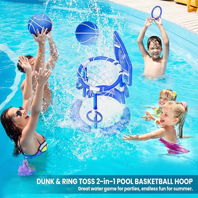 SpringFlower Pool Basketball Hoop with Backboard, Kids & Adults Swimming Pool Floating Basketball Pool Game,Pool Floating Basketball Pool Toy with Ring Toss, 2 Pcs Balls and Pump, Blue