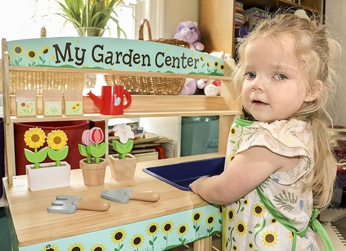 Svan Wooden Toy Gardening Center Indoor Playset - 22 Pc Garden Stand Set w Flowers, Seed Packets, Pots, Shovel Rake Apron Watering Pot- Great Interactive & Fun Pretend Playtime, Gift for Boys Girls