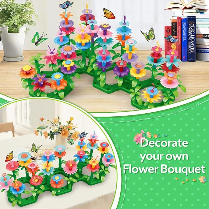 YEEBAY Flower Garden Building Toys for Girls Age 3, 4, 5, 6, 7 Year Old - STEM Gardening Toys for Kids - Stacking Game for Toddlers Play Set - Educational Activity for Preschool (148 PCS)