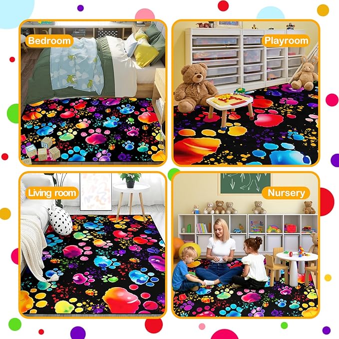 Paw Print Rug - Cute Colorful Dog Cat Paw Print Rugs Cartoon Animal Claw Carpet for Kids Bedroom Cute Animal Paw Themed Decorative Carpet for Playroom Soft Decor for Classroom,4'×5'
