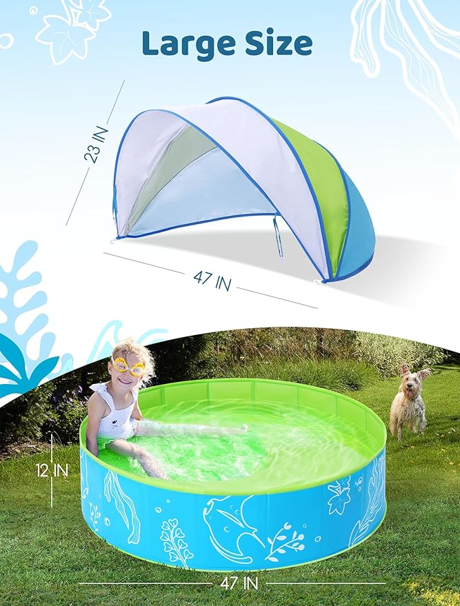 Foldable Kiddie Pool with Canopy: 47in Baby Pool and Beach Tent for Toddlers Infants 6-12 Months and Kids 2-4 Years Old - Portable Water Play with Shade for Outdoor Backyard Beach (Blue-Green)
