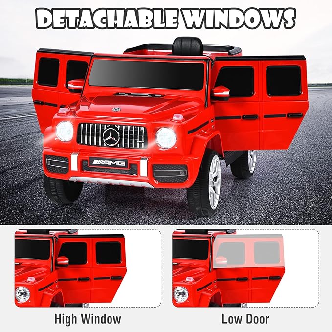 OLAKIDS 12V Kids Ride On Car, Licensed Mercedes Benz G63 Electric Vehicle with Remote Control, Double Open Doors, Music, Bluetooth, 2 Speeds, Wheels Suspension, Battery Powered Driving Toy (Red)