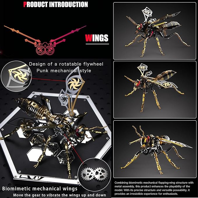 OreilleStar 3D Metal Puzzles for Adults, Model Kits of Northern Giant Hornet, Mechanical Wasp Building Blocks, Difficult DIY Assembly, Men's Birthday Gifts (3D Metal Wasp-Silver Black)