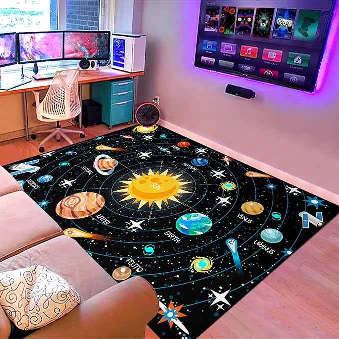 Universe Planet Area Rugs Outer Space Rugs for Boys Bedroom Educational Sofa Floor Mat Galaxy Solar System Theme Throw Rugs for Indoor Outdoor Carpets Crystal Polyester Mats Oversized, 5'×7'