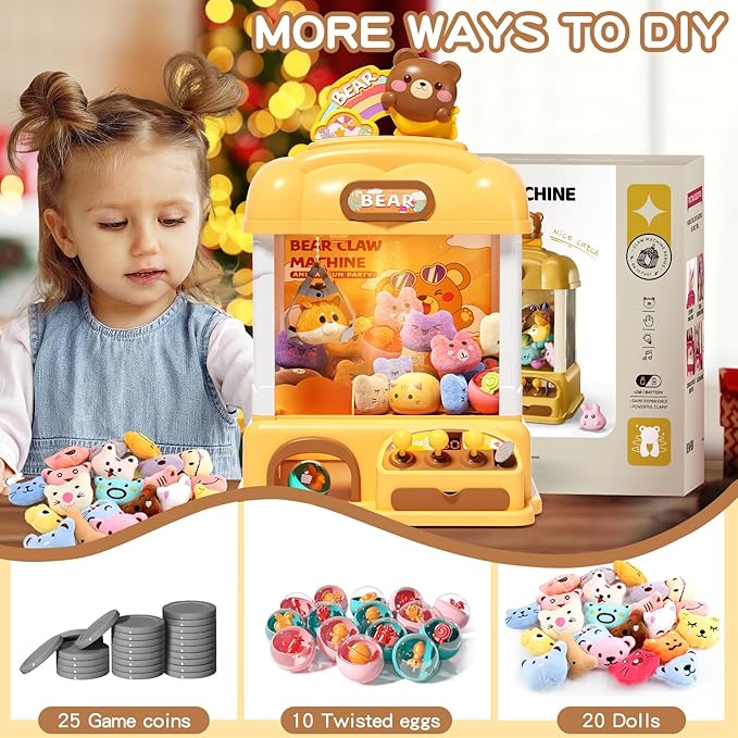 55 PCS Large Bear Kids Claw Machine,Candy Vending Grabber,Prize Dispenser Toys for Girls and Boys,Electronic Game Machine Party Birthdays with Lights Sound,Includes 30 Toys and 25 Game Coins