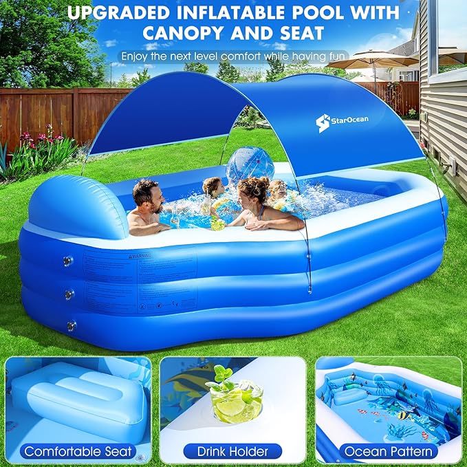 Inflatable Pool with Canopy, Large Inflatable Swimming Pool for Kids,Adult, Blowup Pools with Seats,Backrest.Durable Thickened 126"x75"x25"Inflatable Family Pools for Backyard,Blue
