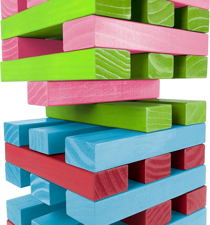 Hey! Play! Nontraditional Giant Wooden Blocks Tower Stacking Game with Dice, Outdoor Yard Game, for Adults, Kids, Boys and Girls (Rainbow Color)