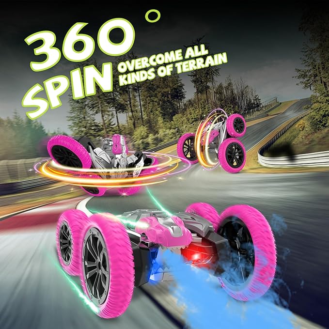 Remote Control Car, 360° Rotating RC Stunt Car with Lights and Spray, 2.4Ghz 4WD Double-Sided Driving RC Car Toys for Kids, Outdoor Dinosaur Truck Gift for Boys and Girls Age 4-7,8-12 (Pink)