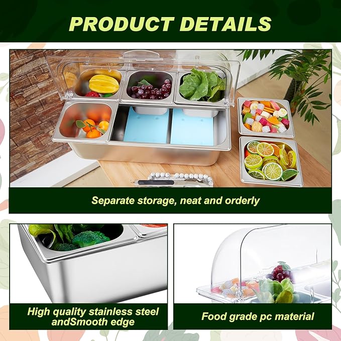 Tessco for you 16 Pcs Countertop Chilled Condiment Container Set with Lid, Stainless Steel Salad Cold Ice Food Spice Serving Display Caddy for Buffet Restaurant Kitchen Party(6 Compartments)