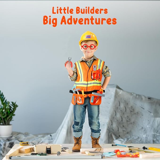 Cosmic Chameleon Construction Toys - 13Pc Pretend Play Set with Kids Construction Hat, Vest & More - Boys & Girls Tool Set - Halloween Costume, Birthday Gift