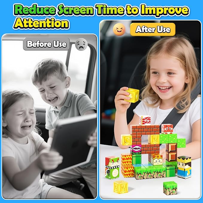 Soyee Magnetic Blocks Travel Toys with Portable Metal Tin - STEM Magnet Building Blocks Toddler Kids Toys for 3 4 5 6 7 8 Year Old Boys & Girls Xmas Birthday Gifts Stocking Stuffers Party Favor