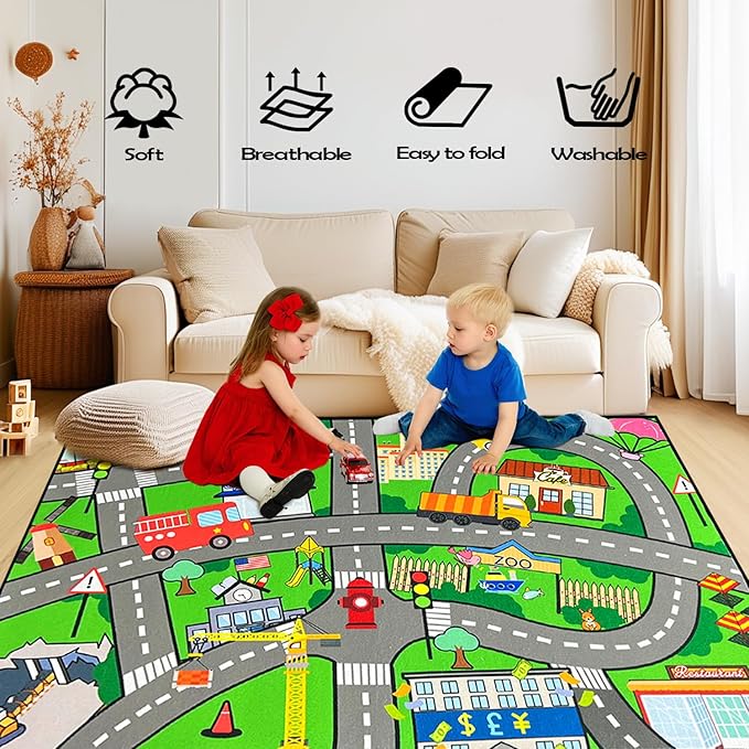 Car Track Rug - Car Rugs for Kids Toy Cars City Life Car Road Rug for Kids Large Kids Play Mat Car Rug for Kids Boys Girls Playroom Living Room Bedroom Classroom, Green, 5'×7'