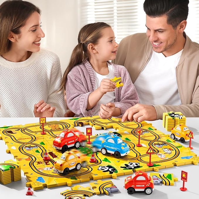 64 PCS Puzzle Race Cars Track Set Toys for Kids Boys, Puzzle Racer Kids Car Track Set Ages 3-5 4-6, Toys Gifts for 3 4 5 Year Old Boys, Ideal 3 4 5 Year Old Boys (Animals)