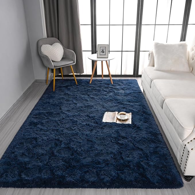 Pettop Fluffy Navy Blue Rug for Bedroom Living Room, 8x10 Feet Super Soft Shaggy Plush Fuzzy Rugs for Girls Kids Boys, Non-Slip and Washable Rug for Nursery Classroom, Carpet for Rooms Decor