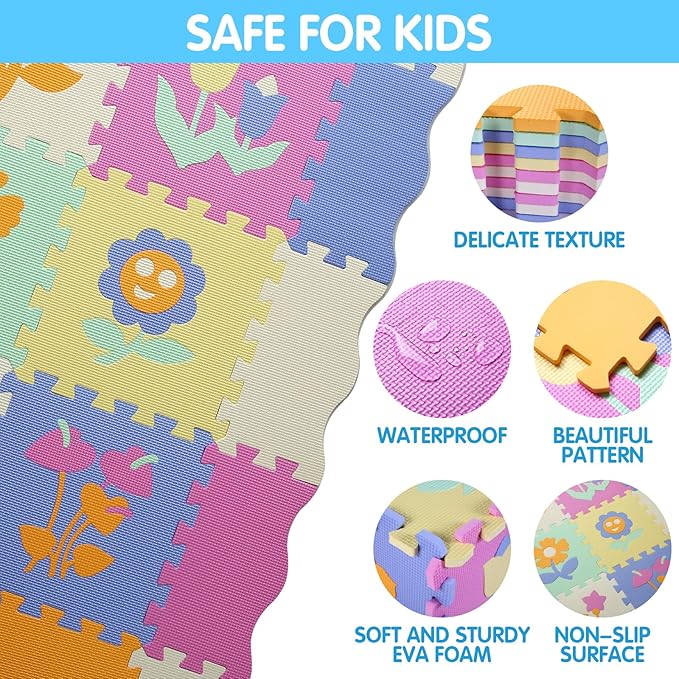 Foam Play Mat for Kids,25Pcs Square Interlocking Puzzle Floor Mat,Baby Play Mat Floor Mat Foam Puzzle Playmat for Toddlers with Fence(Flower-CSH037