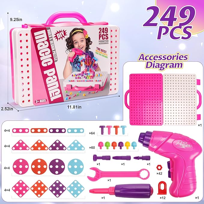 RSPED Magic Montessori Play Toolbox with Electric Drill, Kids Tool Set Real, Toddlers Toys Pretend Play Power Creativity Tools Drill and Screw Construction Kit for Boys Girls