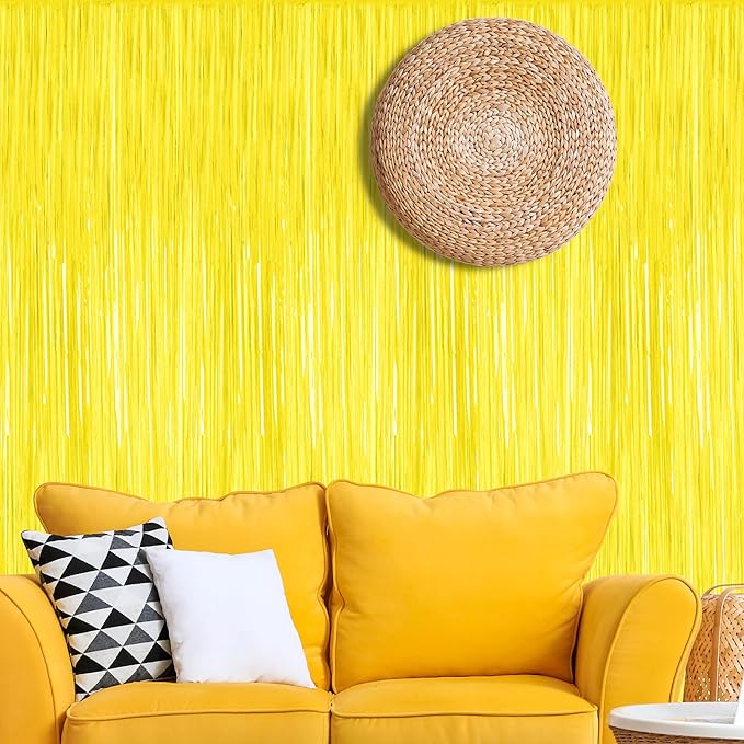 2 Pack Backdrop Curtains, 3.28 FT x 7.05 FT Yellow Color Tinsel Backdrop, Metallic Foil Backdrop Fringe Curtains Party Streamer, Party Decorations Photo Backdrop for Birthday