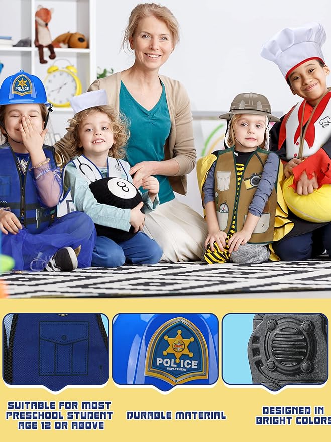 Hungdao 6 Sets Kids Dressing up Costumes, Toddler Dressing up and Pretend for Age 6-10 for Dress up Police,fireman, Doctor,construction Worker, Chef and Explorer