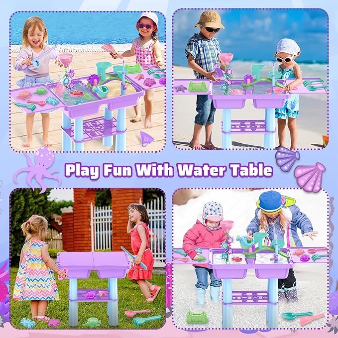 deAO Water Table for Toddlers 3-5, Kids Play Water 2 in 1 Sand and Water Table with 2 Fishing Pool Toys, Summer Outdoor Pool Backyard Toys,Birthday Party Gifts for Boys Girls (Purple)