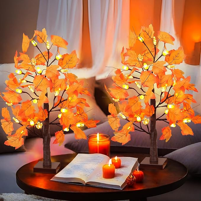 2 Pack 24 Inch Artificial Lighted Maple Tree with 48 LEDs Timer Fall Thanksgiving Decorations Battery Operated Prelit Acorn Maple Tree Lights for Thanksgiving Table Decor Home Indoor Autumn Harvest