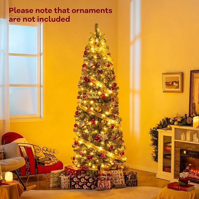 GOFLAME 7.5FT Pre-Lit Pencil Christmas Tree, Hinged Artificial Xmas Tree with 724 Branch Tips, 250 LED Lights, 9 Lighting Modes & Folding Metal Stand, Slim Holiday Decoration Tree for Home Party