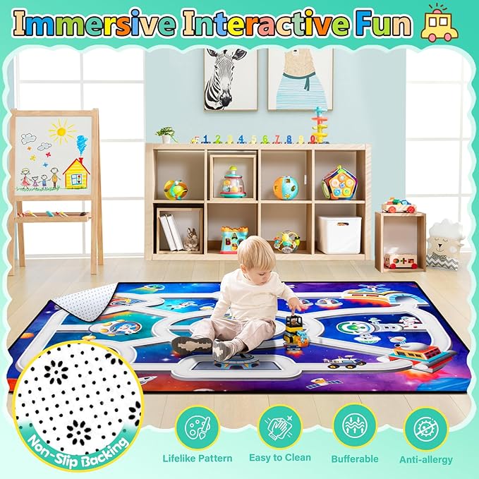 Kids Rug, Space Playmat Rugs, 4x6 Ft Playroom Carpet, Colorful Cartoon Outer Space, Planet, Rocket, Spaceship Road Rug for Playroom, Educational Learning Carpet for Kids